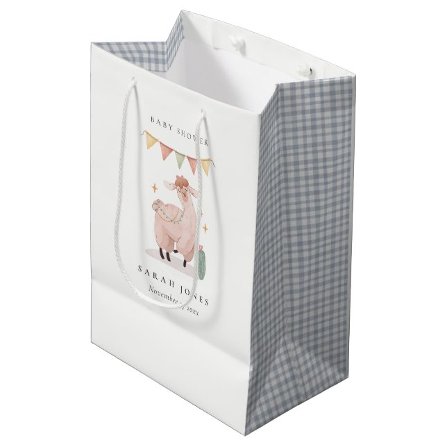 Cute Blue Plaid Cactus Boho Llama Baby Shower Medium Gift Bag (Front Angled)