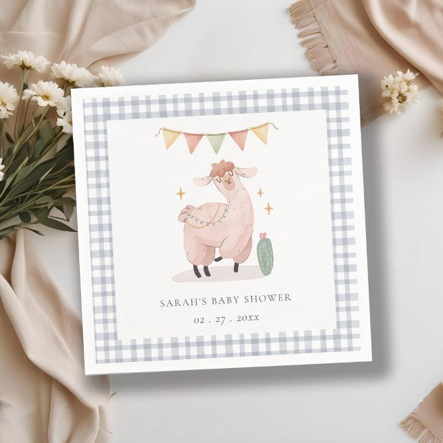 Cute Blue Plaid Cactus Boho Llama Baby Shower Napkin (Creator Uploaded)