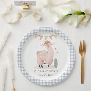 Cute Blue Plaid Cactus Boho Llama Baby Shower Paper Plate
