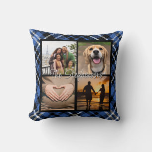 Cute Blue Plaid Family Photo Template Tartan Cushion
