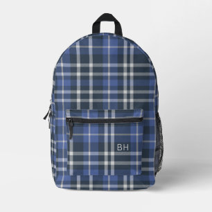 Cute Blue Plaid Tartan Check Monogram Initials Printed Backpack