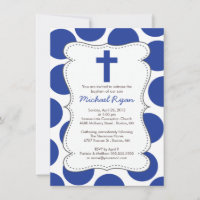 Cute Blue Polka Dots Cross Baptism Invitation