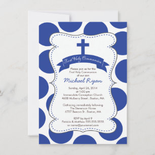 Cute Blue Polka Dots Cross Communion Invitation