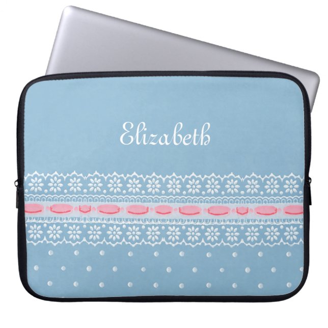 Cute Blue Polka Dots Girly Pink Lace With Name Laptop Sleeve (Front)
