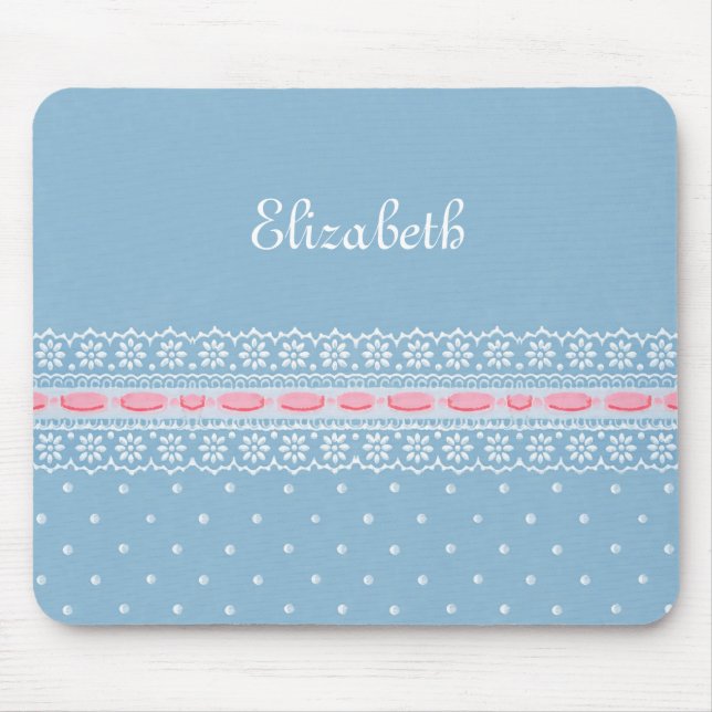 Cute Blue Polka Dots Girly Pink Lace With Name Mouse Mat (Front)