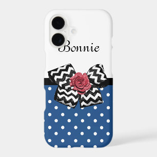 Cute Blue Polka Dots Red Rose Chevron Bow and Name