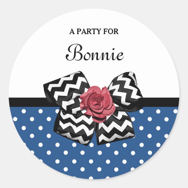 Cute Blue Polka Dots Red Rose Chevron Bow and Name Classic Round Sticker (Front)