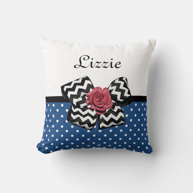 Cute Blue Polka Dots Red Rose Chevron Bow and Name Cushion (Front)