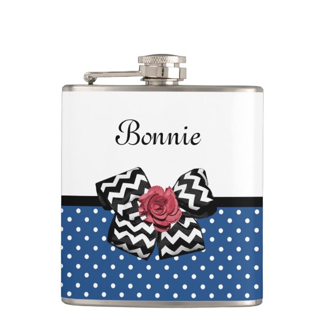 Cute Blue Polka Dots Red Rose Chevron Bow and Name Hip Flask (Front)