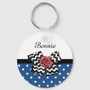 Cute Blue Polka Dots Red Rose Chevron Bow and Name Key Ring