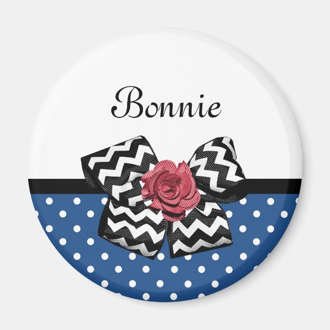 Cute Blue Polka Dots Red Rose Chevron Bow and Name Magnet (Front)