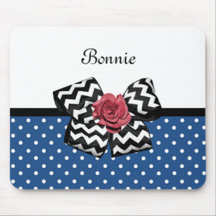Cute Blue Polka Dots Red Rose Chevron Bow and Name Mouse Mat