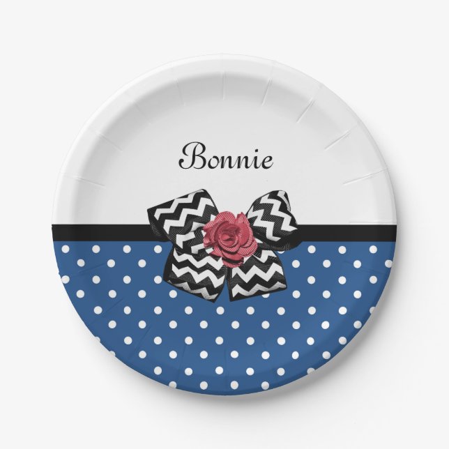 Cute Blue Polka Dots Red Rose Chevron Bow and Name Paper Plate (Front)
