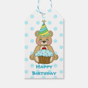 Cute Blue Polkadot Bear Birthday Gift Tags