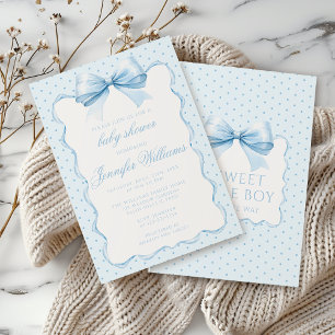 Cute blue polkadot bow ribbon baby boy shower invitation