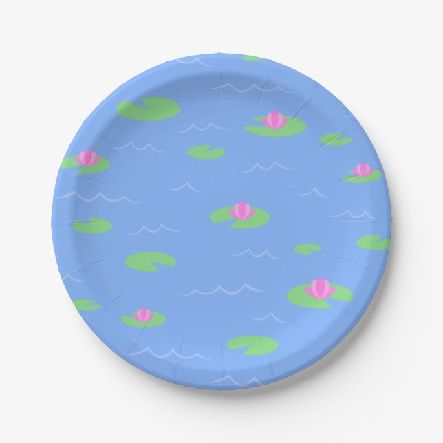 Cute Blue Pond with Lily Pad Print Paper Plate (Front)