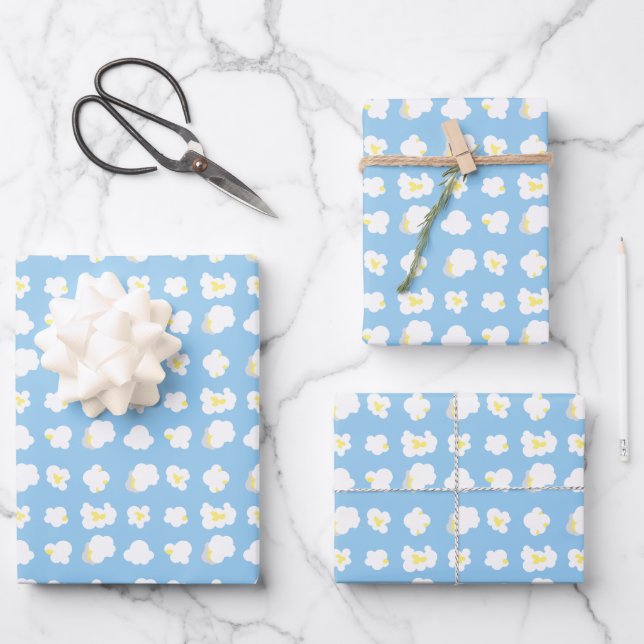 Cute blue popcorn pattern cartoon fun movie night wrapping paper sheet (Front)