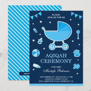 Cute Blue Pram Baby Boy Aqiqah Invitation