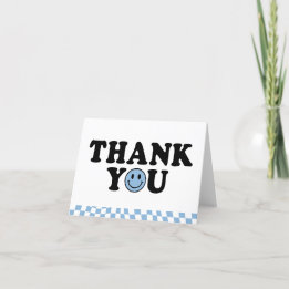 Cute Blue Preppy Smile Birthday Chequered Thank You Card