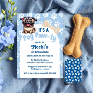 Cute Blue Pug Doggie Birthday Paw-ty  Invitation