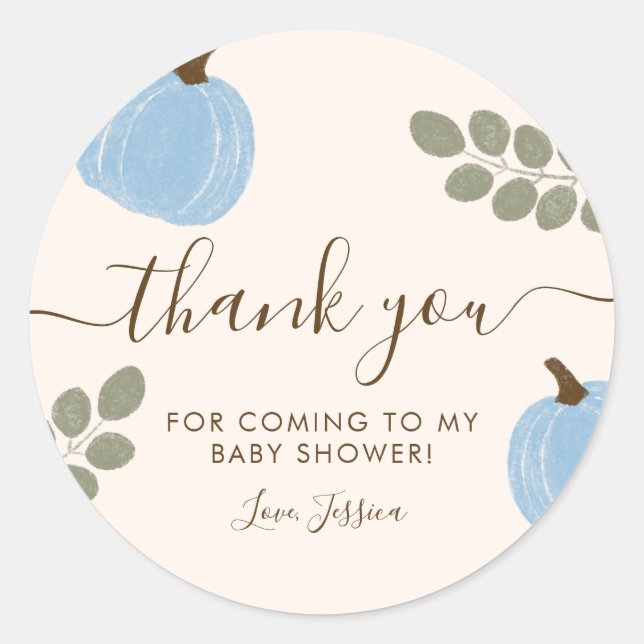 Cute Blue Pumpkin Eucalyptus Baby Shower Thank You Classic Round Sticker (Front)