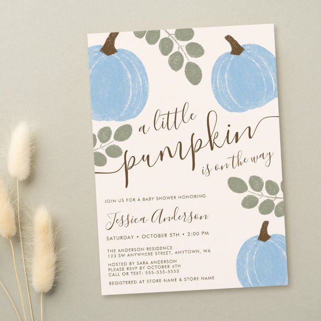 Cute Blue Pumpkin Eucalyptus Fall Boy Baby Shower Invitation (Creator Uploaded)