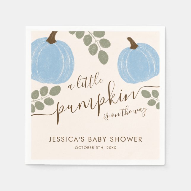 Cute Blue Pumpkin Eucalyptus Fall Boy Baby Shower Napkin (Front)