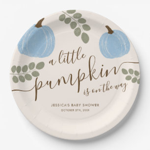 Cute Blue Pumpkin Eucalyptus Fall Boy Baby Shower Paper Plate