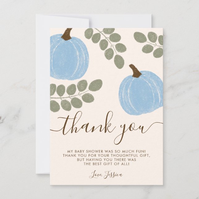 Cute Blue Pumpkin Eucalyptus Fall Boy Baby Shower Thank You Card (Front)