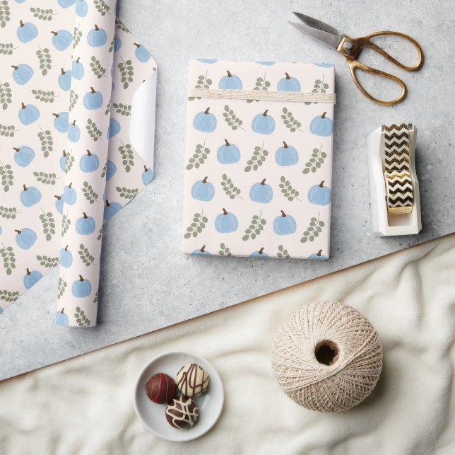 Cute Blue Pumpkin Eucalyptus Fall Pattern Wrapping Paper (Crafts)