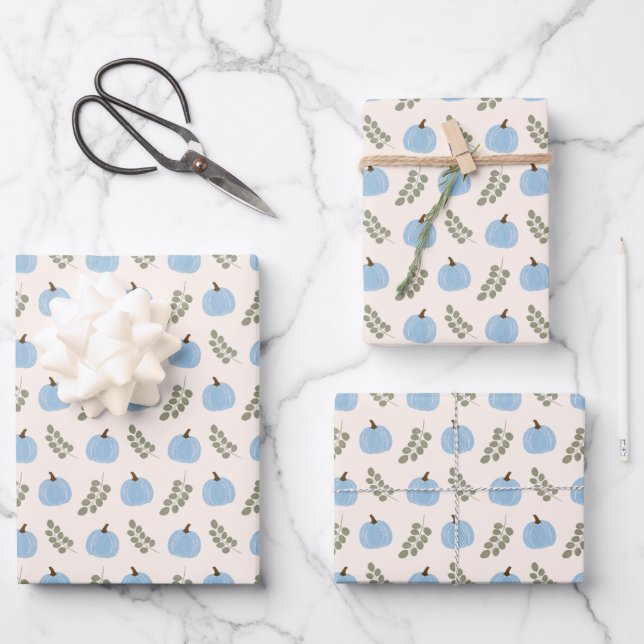 Cute Blue Pumpkin Eucalyptus Fall Pattern Wrapping Paper Sheet (Front)
