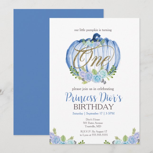 Cute Blue Pumpkin Flower Watercolor 1st Birthday Invitation (Front/Back)