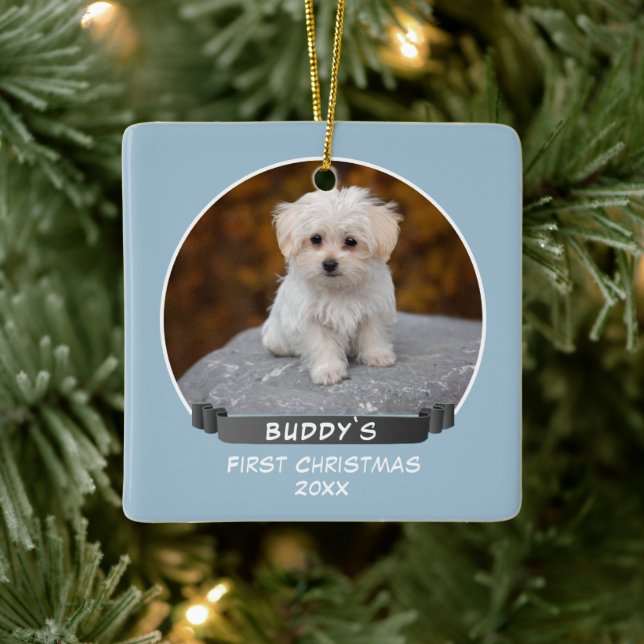 Cute Blue Puppy 1st Christmas Dog Photo Ceramic Ornament (Tree)