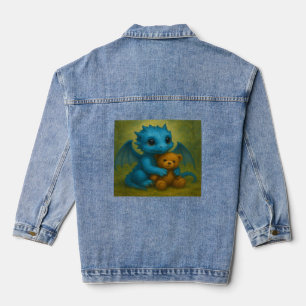 Cute Blue Puppy Eyed Baby Dragon with Teddy Bear Denim Jacket