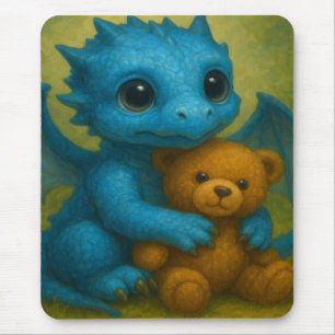 Cute Blue Puppy Eyed Baby Dragon with Teddy Bear Mouse Mat