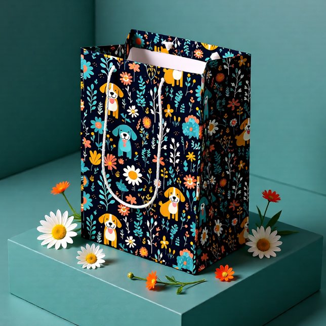 Cute Blue Puppy Flowers  Medium Gift Bag (Cute Puppy Floral Pattern Dog Lover Medium Gift Bag)