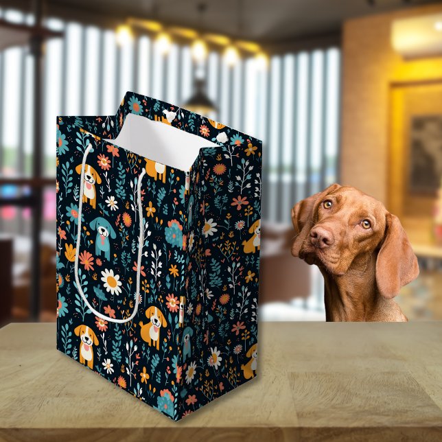 Cute Blue Puppy Flowers  Medium Gift Bag (Cute Blue Puppy Flowers Medium Gift Bag)