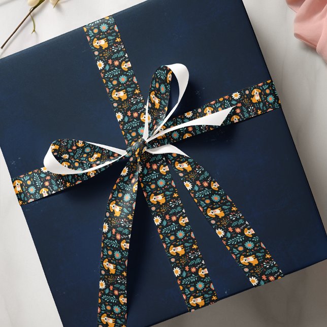 Cute Blue Puppy Flowers  Satin Ribbon (Puppy Flower Garden Pattern Dog Lover Satin Ribbon)