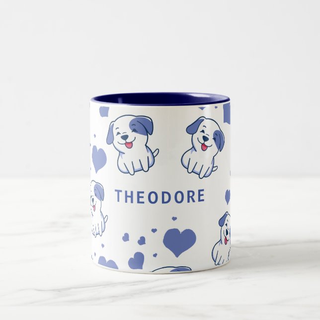Cute Blue Puppy Heart  Two-Tone Coffee Mug (Center)