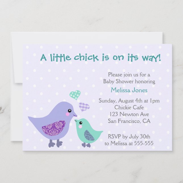 Cute Blue & Purple Bird Baby Shower invitation (Front)