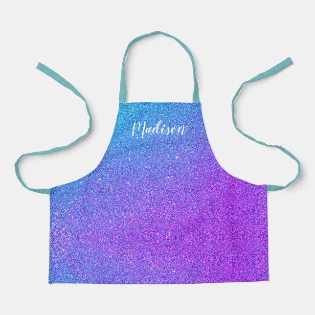 Cute Blue Purple Ombre Glitter Girls Personalised Apron (Front)