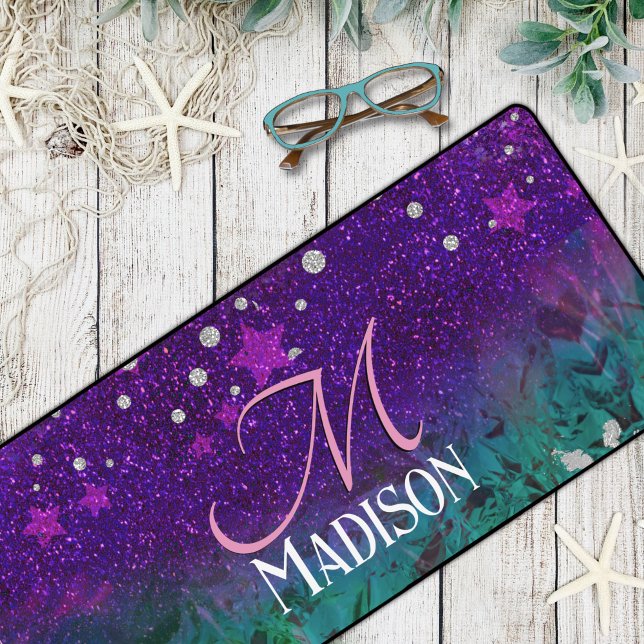 Cute blue purple ombre glitter monogram desk mat (Creator Uploaded)