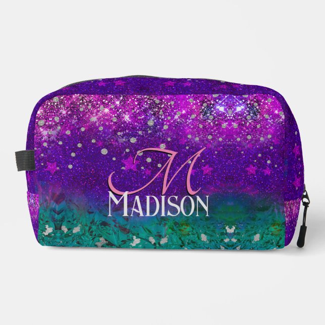 Cute blue purple ombre glitter monogram dopp kit (Front)