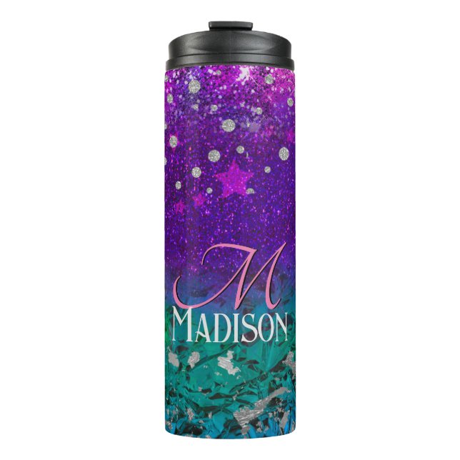 Cute blue purple ombre glitter monogram thermal tumbler (Front)