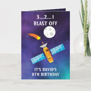Cute Blue Purple Star Satellite Moon 8th Birthday Card