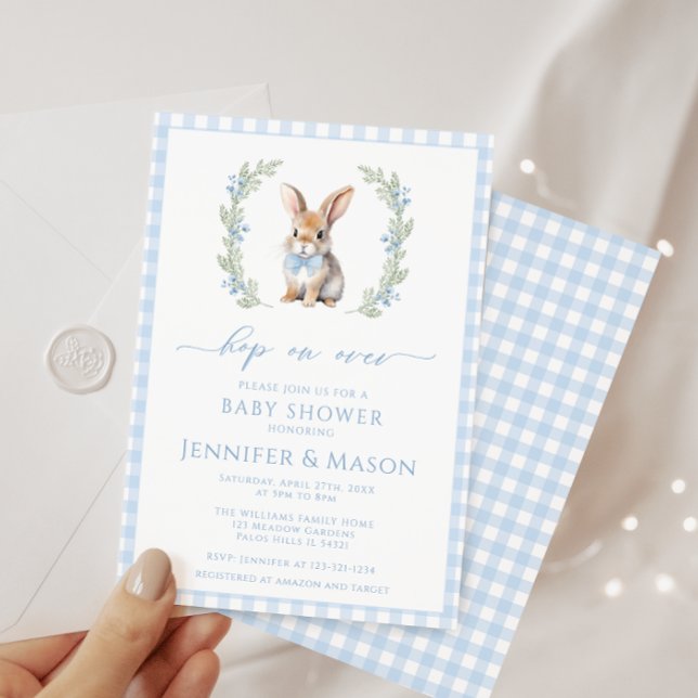 Cute blue rabbit bunny baby boy shower invitation (Creator Uploaded)