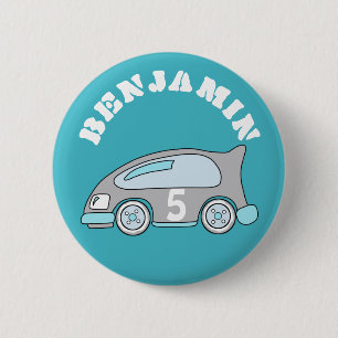 Cute Blue Race Car Birthday Button with Name