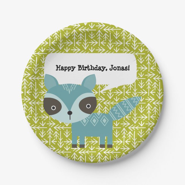 Cute Blue Racoon Personalised Party Plates (Front)