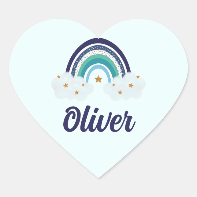 Cute Blue Rainbow | Baby Boy | Personalised Name Heart Sticker (Front)