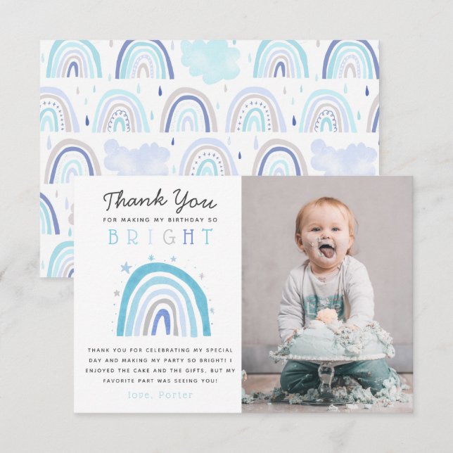 Cute Blue Rainbow Boys Birthday Party Photo  Thank You Card (Front/Back)